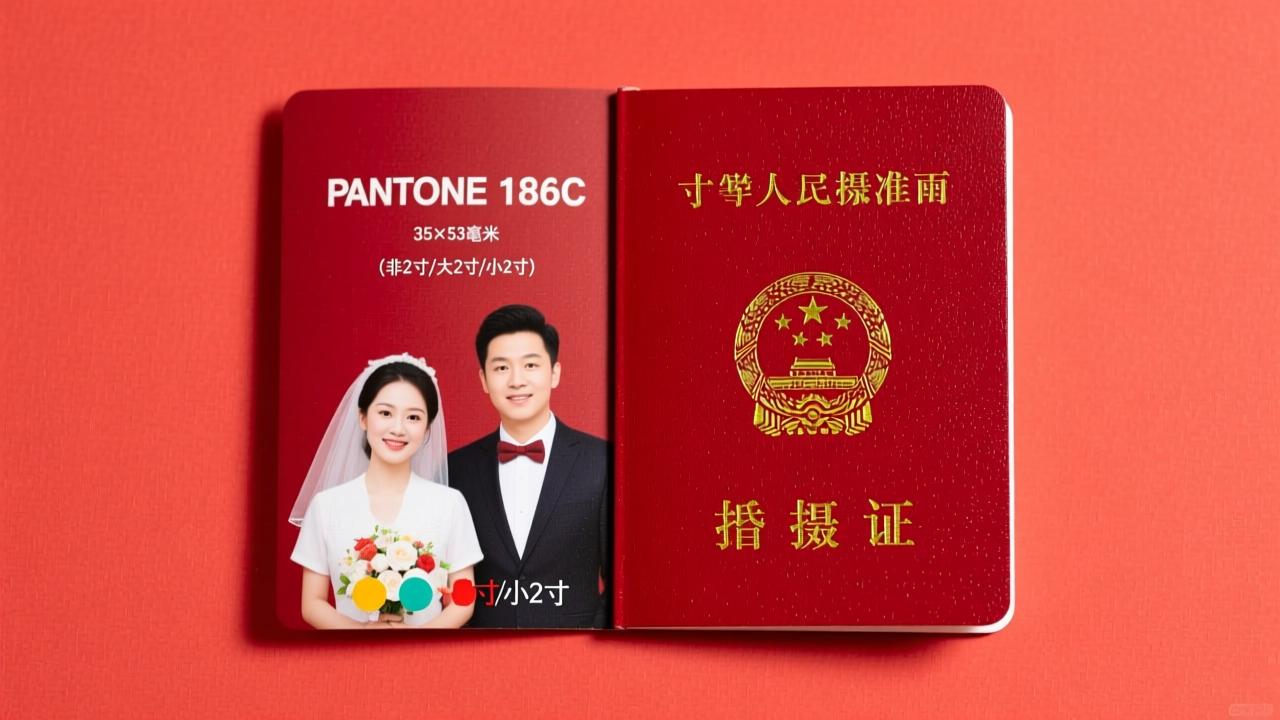 结婚证照片几寸？官方标准是35×53毫米（非2寸/大2寸/小2寸），红底Pantone 186C，零误差拍摄指南  第3张