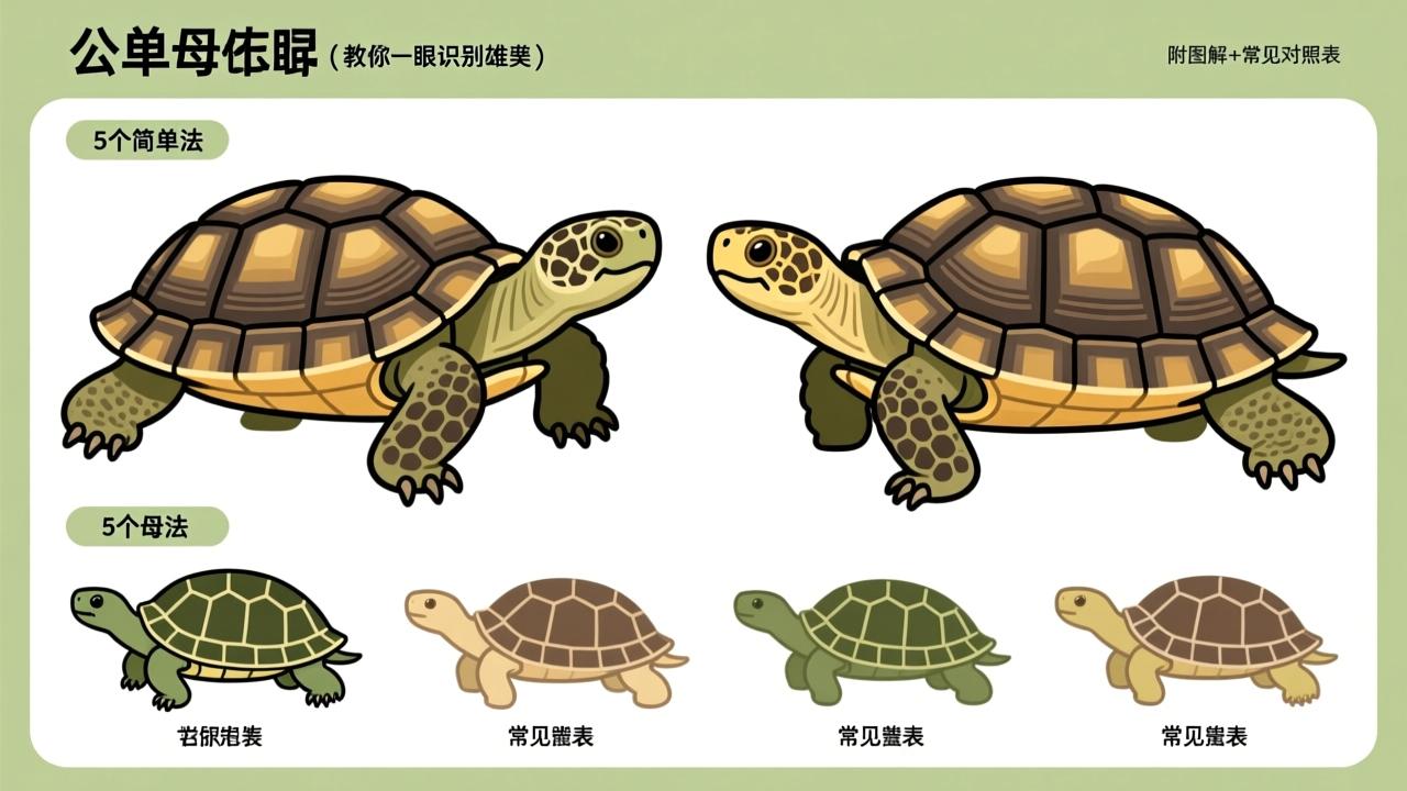 乌龟怎么分公母?5个简单方法教你一眼识别雄雌(附图解+常见龟种对照表) 第2张 乌龟怎么分公母?5个简单方法教你一眼识别雄雌(附图解+常见龟种对照表) 第2张