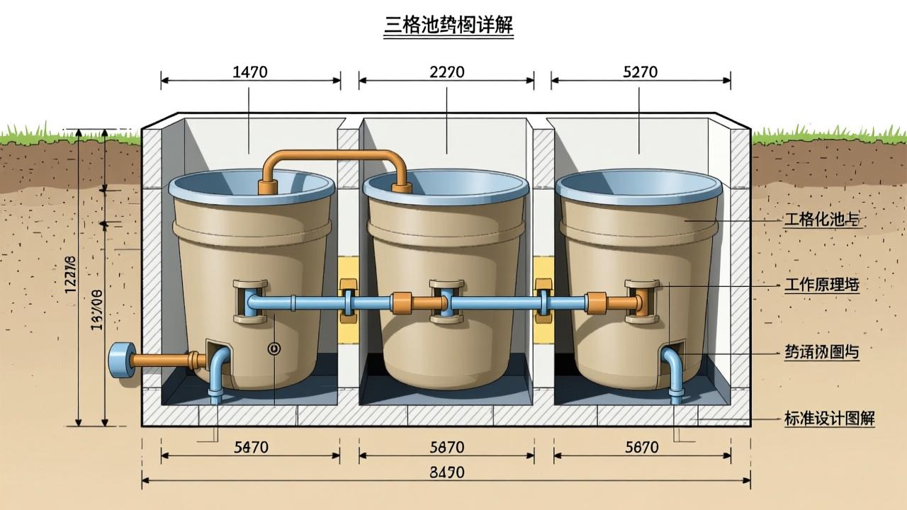 化粪池结构图详解：三格化粪池工作原理与标准设计图解  第2张